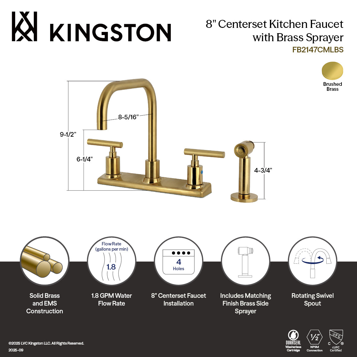 Kingston Sona FB2147CMLBS - Manhattan Two-Handle 4-Hole 8" Centerset Kitchen Faucet with Brass Sprayer, Brushed Brass — thumbnail 2